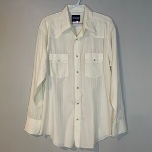 VTG Wrangler Pearl Snap Western Long Sleeve Striped Shirt‎ L Mens Solid Ivory